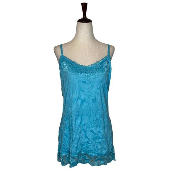 Tops - Lace Trim Cami Top Size L Crinkle Turquoise Layering Tank Y2K Fairycore Coquette